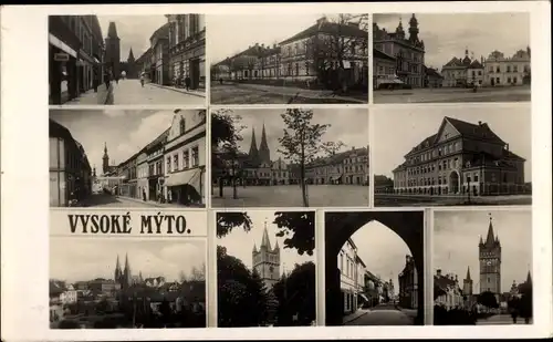 Ak Vysoké Mýto Hohenmaut Reg. Pardubitz, Straßenpartie, Tor, Markt, Kirche, Rathaus, Panorama