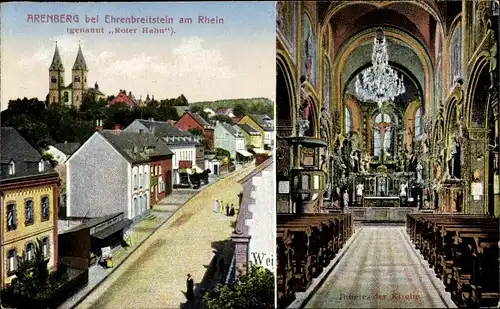 Ak Arenberg Koblenz in Rheinland Pfalz, Roter Hahn, Straßenpartie, Innenansicht der Kirche