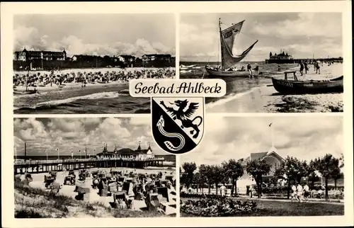 Wappen Ak Ostseebad Ahlbeck Heringsdorf auf Usedom, Strandpartie, Promenade, Seebrücke