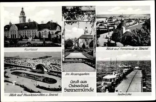 Ak Świnoujście Swinemünde Pommern, Kurhaus, Rosengarten, Musikpavillon, Promenade, Seebrücke