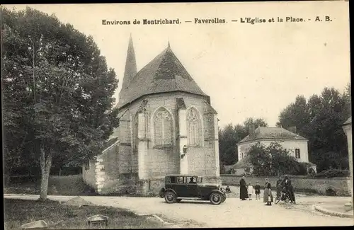 Ak Faverolles Montrichard environs Loir et Cher, L'Eglise et la Place, Auto