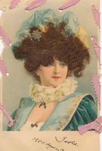 Haar Stoff Glitzer Litho Frau, Rüschenkragen, Portrait, Hut