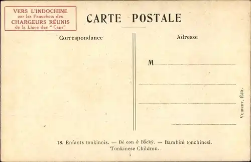 Künstler Ak Tonkin Vietnam, Enfants Tonkinois, Vietnamesische Kinder, Compagnie des Chargeurs Reunis