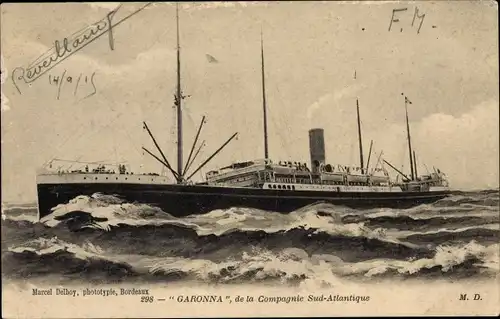 Ak Passagierschiff Garonna auf hoher See, Compagnie de Navigation Sud Atlantique