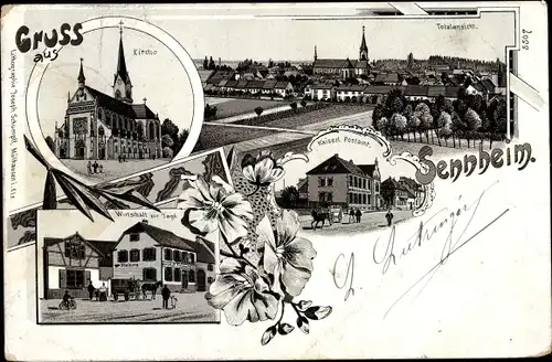 Litho Cernay Sennheim Elsass Haut Rhin, Blick auf den Ort, Postamt, Wirtschaft, Kirche