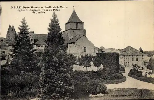 Ak Melle Deux Sèvres, Jardin de la Mairie, Eglise St. Savinien, Tour du Palais de Justice