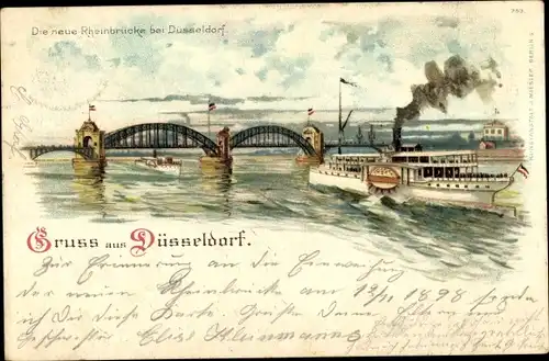 Litho Düsseldorf am Rhein, Die neue Rheinbrücke, Salondampfer