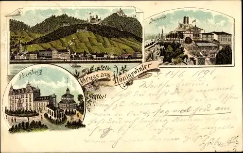 Litho Königswinter am Rhein, Drachenfels, Petersberg, Panorama vom Ort