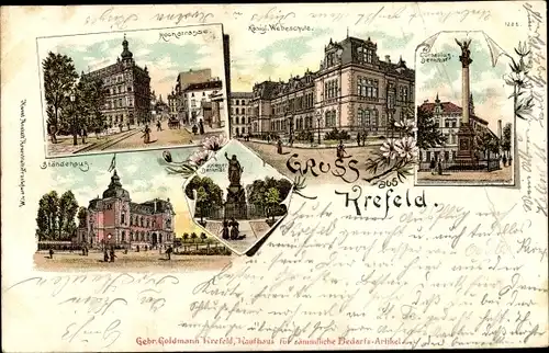 Litho Krefeld am Niederrhein, Kriegerdenkmal, Hochstraße, Königliche Webeschule, Cornelius Denkmal