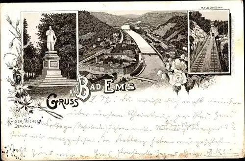 Litho Bad Ems an der Lahn, Kaiser Wilhelm Denkmal, Malbergbahn