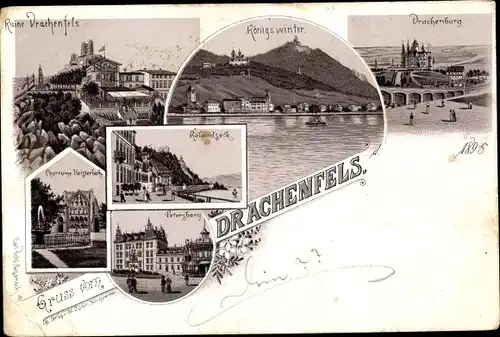 Litho Königswinter am Rhein, Drachenfels, Drachenburg, Petersberg, Rolandseck, Chorruine Heisterbach