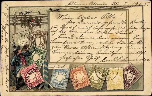 Briefmarken Ak Bayerische Post, Postillon mit Posthorn