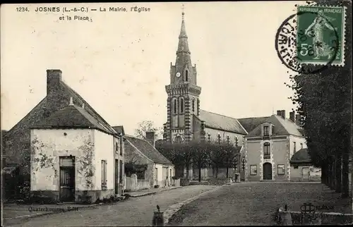 Ak Josnes Loir et Cher, La Mairie, Eglise et la Place