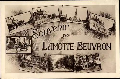 Ak Lamotte Beuvron Loir et Cher, gare, caleche, eglise, rue principale