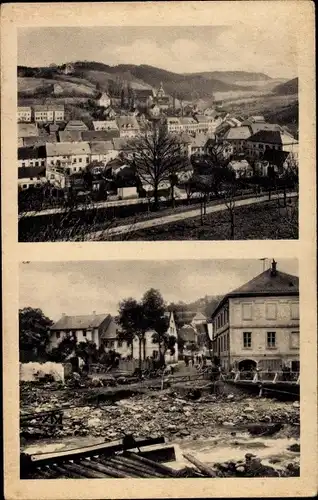 Ak Bad Gottleuba-Berggießhübel in Sachsen, Brücke an der Schule vor und nach dem Unwetter 1927