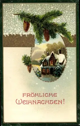 Präge Passepartout Ak Frohe Weihnachten, Tannenzweig, Tannenzapfen, Haus im Schnee