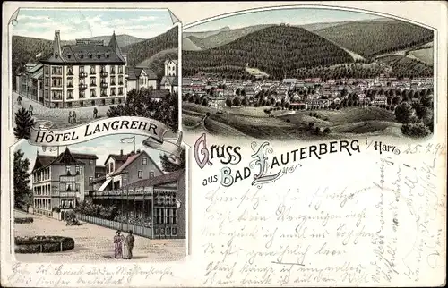 Litho Bad Lauterberg im Harz, Hotel Langrehr, Blick auf den Ort