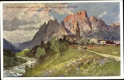 Künstler Ak Cortina d'Ampezzo Veneto, veduta generale verso Pomagagnon, Dolomiti di Ampezzo