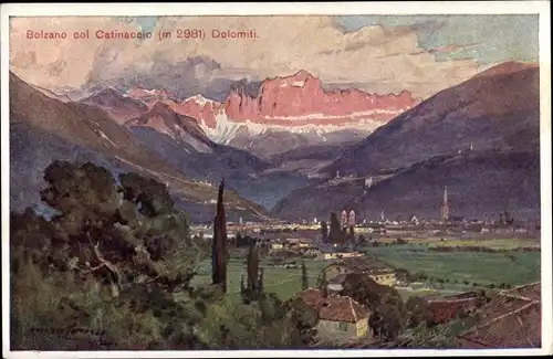 Künstler Ak Bozen Bolzano Südtirol, veduta generale, col Catinaccio, Dolomiti