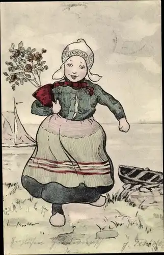 Künstler Ak Frau in niederländischer Volkstracht, Holzschuhe