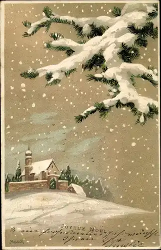 Künstler Präge Litho Mailick, Glückwunsch Weihnachten, Schneefall, Tannenzweig, Kirche