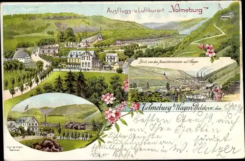 Litho Hagen in Westfalen, Delstern, Gastwirtschaft Volmeburg, Stadtpanorama