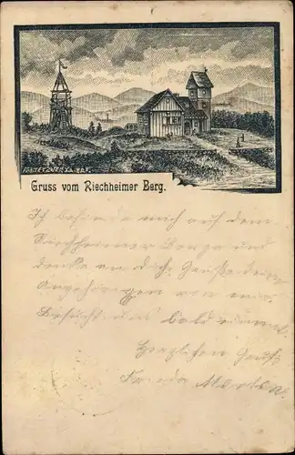 Litho Riechheim Elleben in Thüringen, Riechheimer Berg, Aussichtsturm, Schutzhaus