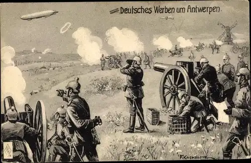 Künstler Ak Kaskeline, F., Deutsches Werben um Antwerpen 1914, Schlachtfeld, Zeppelin