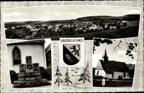 Ak Griebelschied in Rheinland Pfalz, Totalansicht, Kirche, Wappen, Gedenksteine