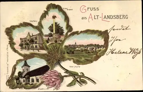 Kleeblatt Litho Altlandsberg in Brandenburg, Schulhaus, Kriegerdenkmal, Stadtkirche, Totale