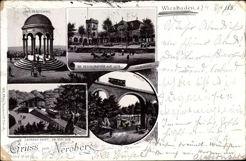 Litho Wiesbaden in Hessen, Neroberg, Nerotempel, Restaurant, Zahnradbahn, Viadukt