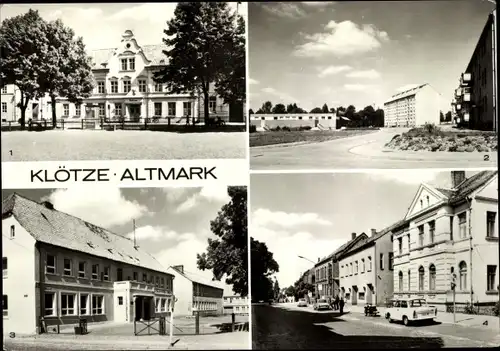 Ak Klötze in Sachsen Anhalt, Rathaus, AWG mit Kaufhalle, Polytechnische Oberschule, Bahnhofsstraße