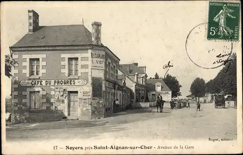 Ak Noyers Loir et Cher, Avenue de la Gare, Cafe du Progres