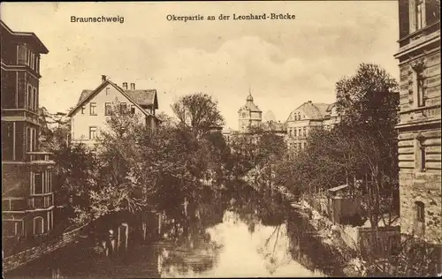 Ak Braunschweig in Niedersachsen, Okerpartie an der Leonhardbrücke