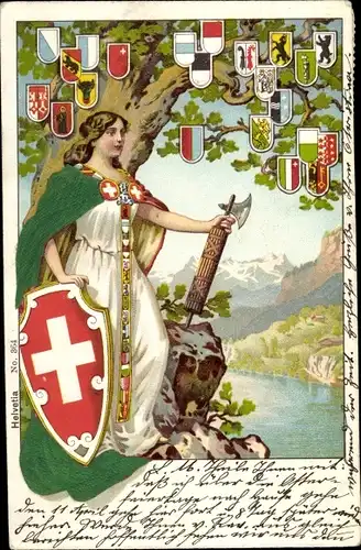 Präge Wappen Litho Helvetia Allegorie mit Schweizer Wappenschild, Kantonswappen