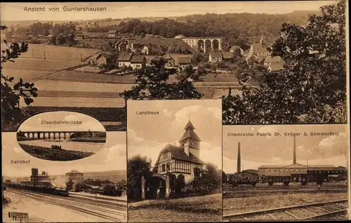 Ak Guntershausen Baunatal im Landkreis Kassel, Chemische Fabrik, Panorama, Landhaus, Bahnhof