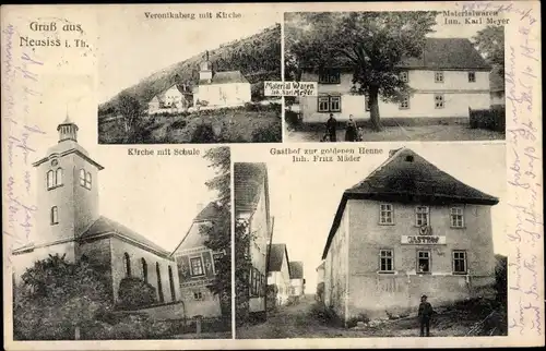 Ak Neusiß Plaue im Ilm Kreis Thüringen, Verontaberg, Kirche, Materialwaren, Kirche, Schule, Gasthof