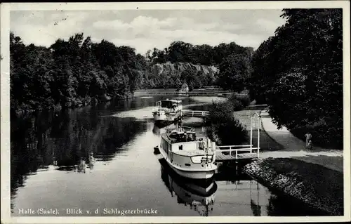 Ak Halle an der Saale, Blick von der Schlageterbrücke, Salondampfer