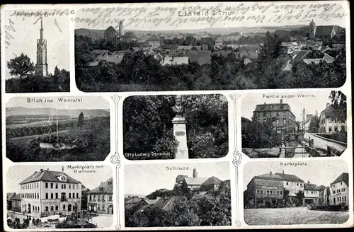 Ak Eisfeld in Thüringen, Panorama vom Ort, Werratal, Kriegerdenkmal, Otto Ludwig Denkmal, Schloss