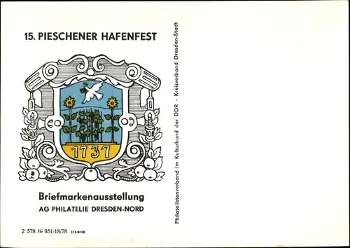 Wappen Ak Dresden Nordwest Pieschen, 15. Pieschener Hafenfest, Briefmarkenausstellung