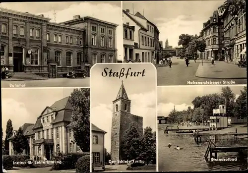Ak Staßfurt Sachsen Anhalt, Bahnhof, Schiefer Turm, Lehrerbildungsinstitut, Strandsolbad