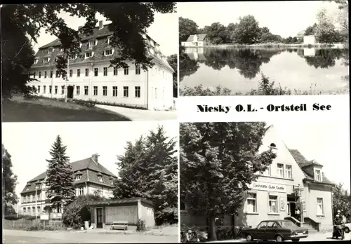 Ak See Niesky in der Oberlausitz, Gaststätte Gute Quelle, Seeblick, Genesungsheim Heideland