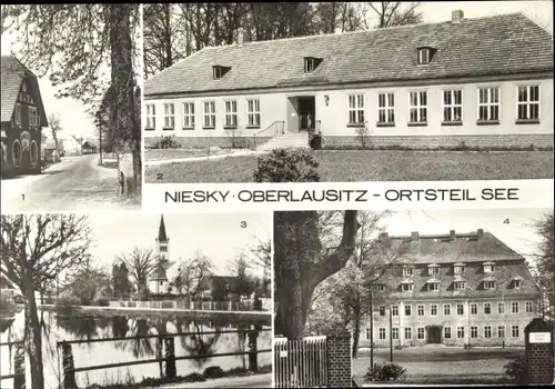 Ak  See Niesky in der Oberlausitz, Genesungsheim Heideland, Kindergarten, Dorfteich