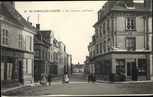 Ak Saint André de l'Eure Eure, Rue Grande, côté sud, epicerie centrale