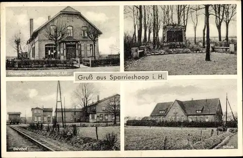 Ak Sparrieshoop in Holstein, Bahnhof, Schule, Bäckerei, Kolonialwarenhandlung