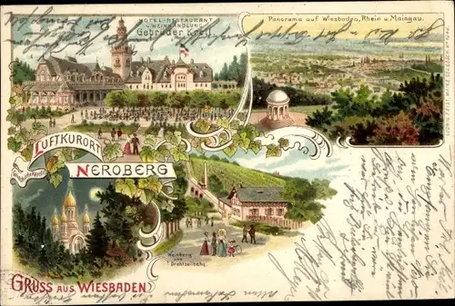 Litho Wiesbaden in Hessen, Neroberg, Hotel Gebrüder Krell, Drahtseilbahn, griechische Kapelle