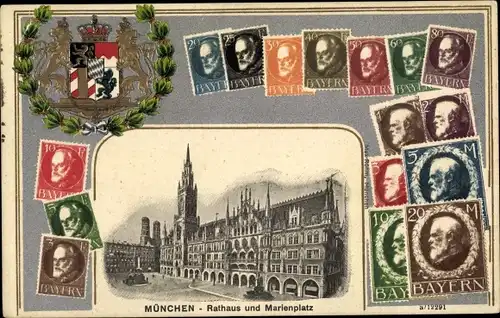 Briefmarken Wappen Ak München Bayern, Rathaus, Marienplatz