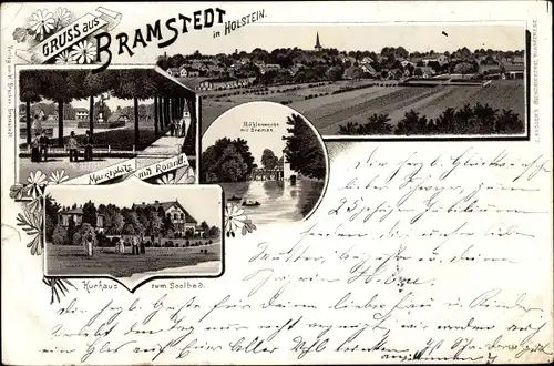 Litho Bad Bramstedt in Holstein, Marktplatz, Roland, Kurhaus zum Solbad, Mühlenwerke mit Braman