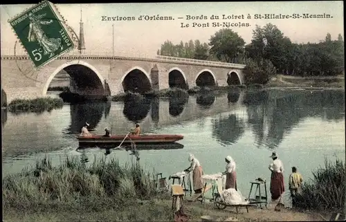 Ak Saint Hilaire Saint Mesmin Loiret, Le Pont St. Nicolas, Wäscherinnen, Ruderboot