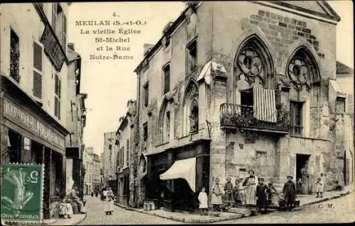 Ak Meulan en Yvelines, La vieille Eglise Saint Michel et la Rue Notre Dame